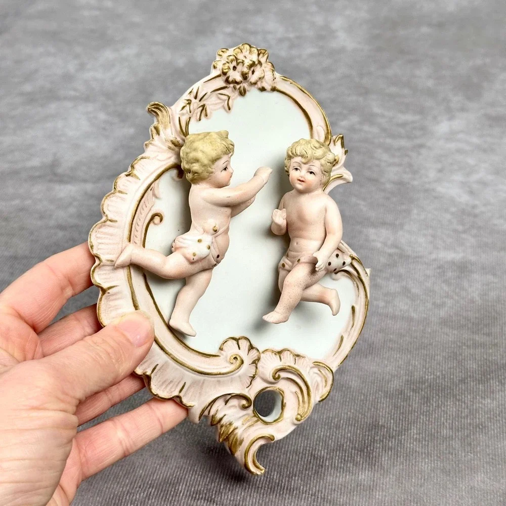 Vintage Lefton Porcelain Cherub Wall Decor Pink Gold Ornate Plaque Hand Painted